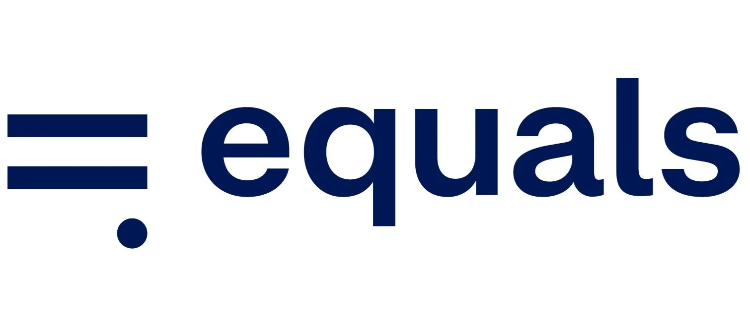 A logo with the words 'equals' in bold dark blue letters and a stylized equal sign with two horizontal lines and a small circle beneath.