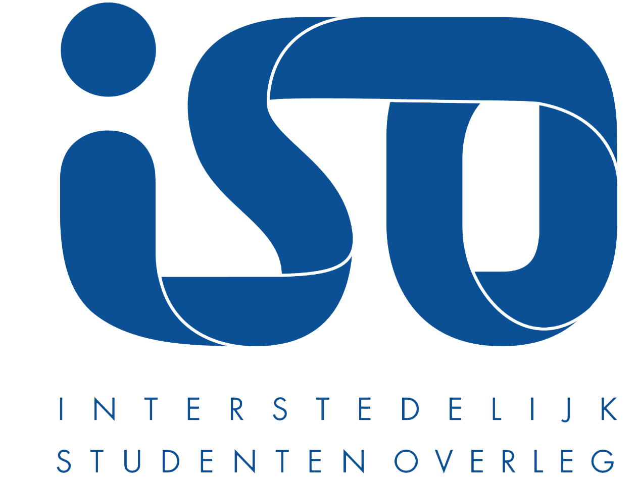 Logo with large stylized blue letters 'ISO' above the words 'INTERSTEDELIJK STUDENTEN OVERLEG' in smaller uppercase blue font.