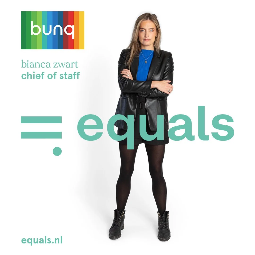 A woman wearing a black leather jacket, blue top, black skirt, and black combat boots standing with arms crossed against a white background. Text overlay reads 'bia zwart chief of staff' and 'equals' with the website 'equals.nl'. The logo in the upper left corner has colorful stripes and the word 'bung'.