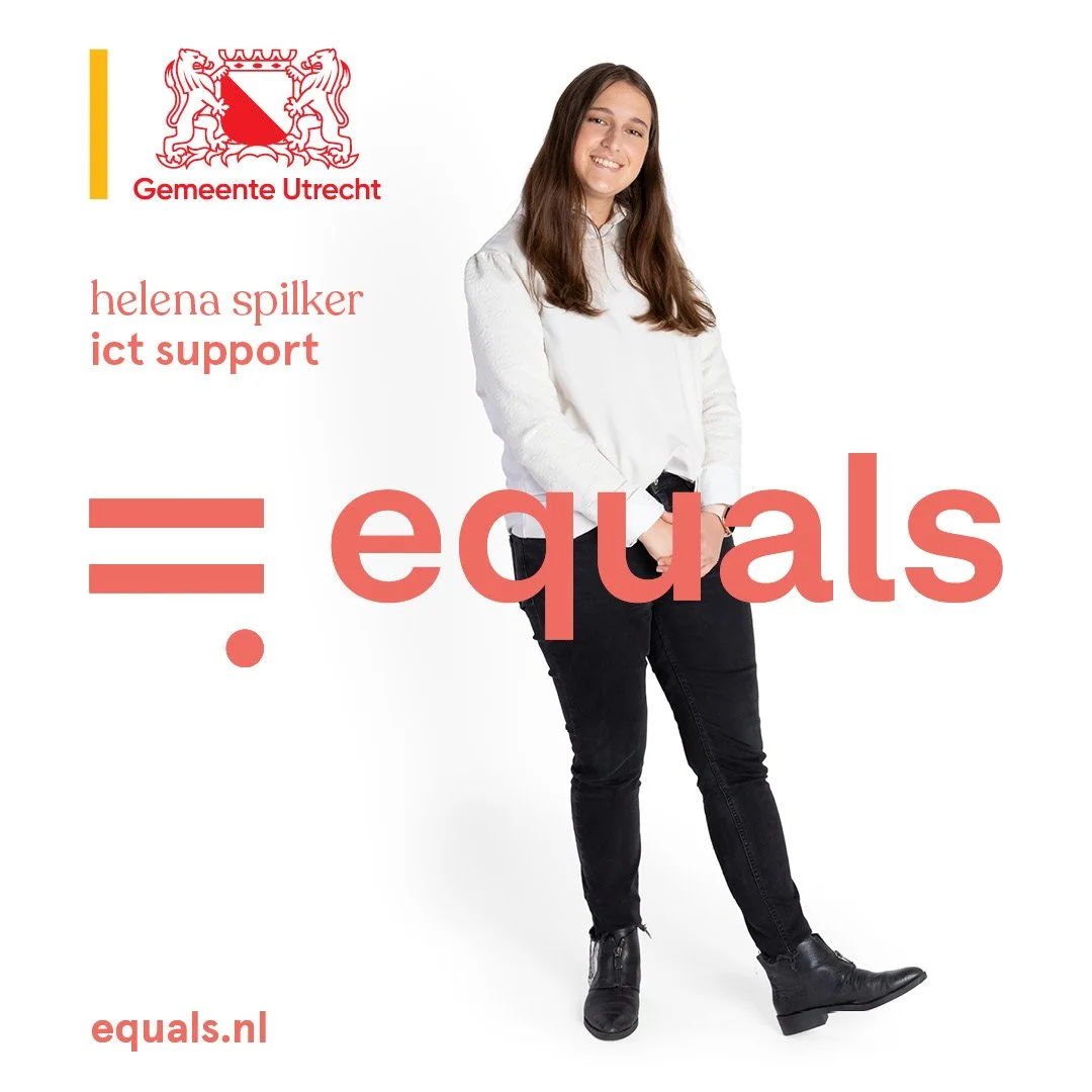 A young woman with long brown hair, wearing a white shirt and black pants, smiling and standing against a white background. The image also features text and logos, including the Gemeente Utrecht crest and the words 'helena spilker ict support' and 'equals' with large font.