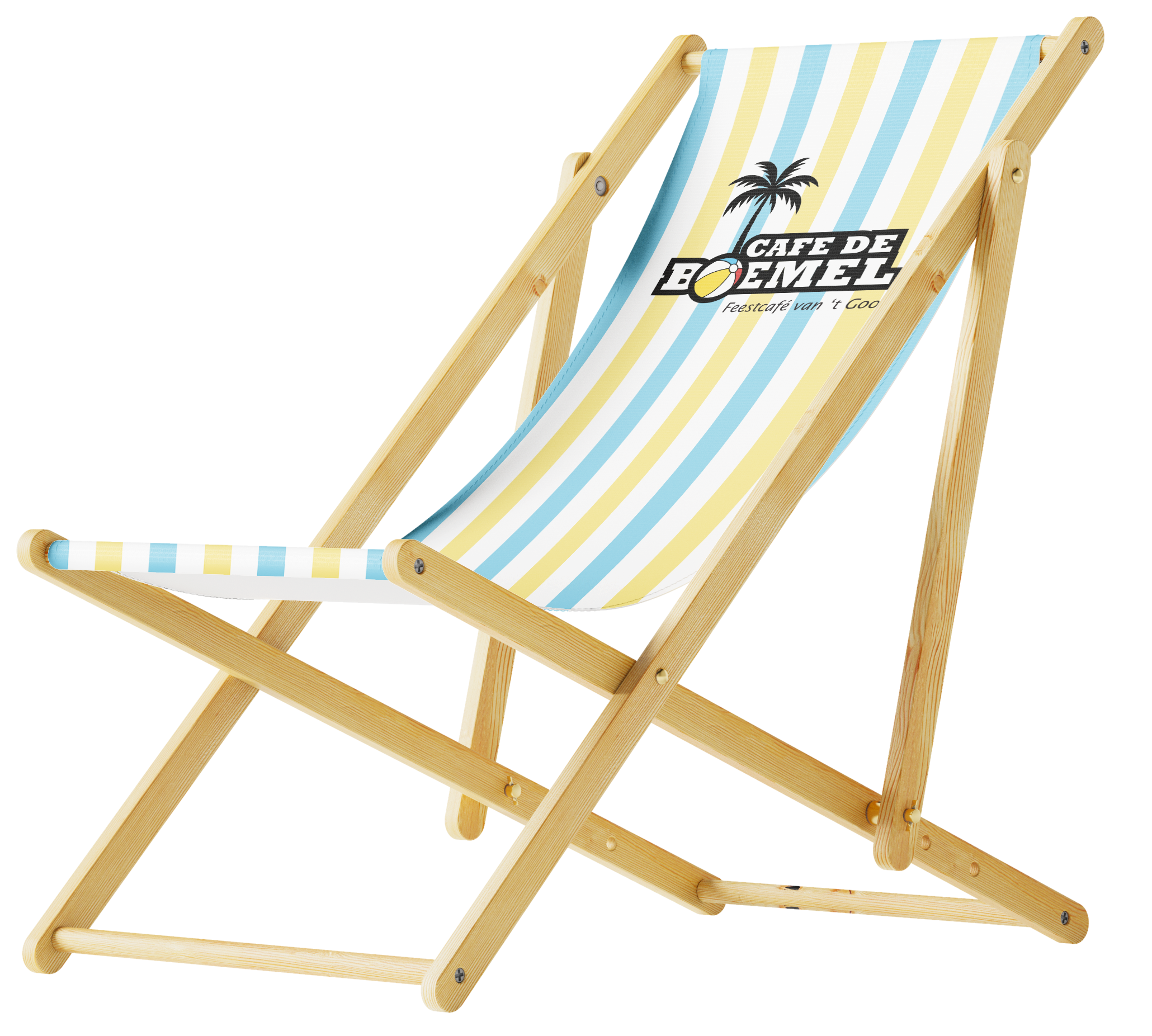 A wooden beach chair with blue, yellow, and white striped fabric, featuring a logo for 'Café de Bómel' with a palm tree and beach ball graphic.