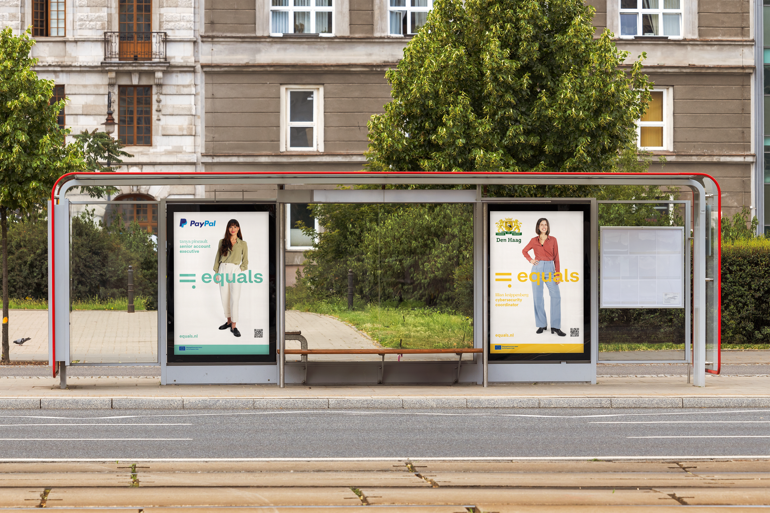 Bus stop with two advertisements featuring women, one in light-colored clothing and the other in darker clothing, with the word 'equals' and the website equals.nl.