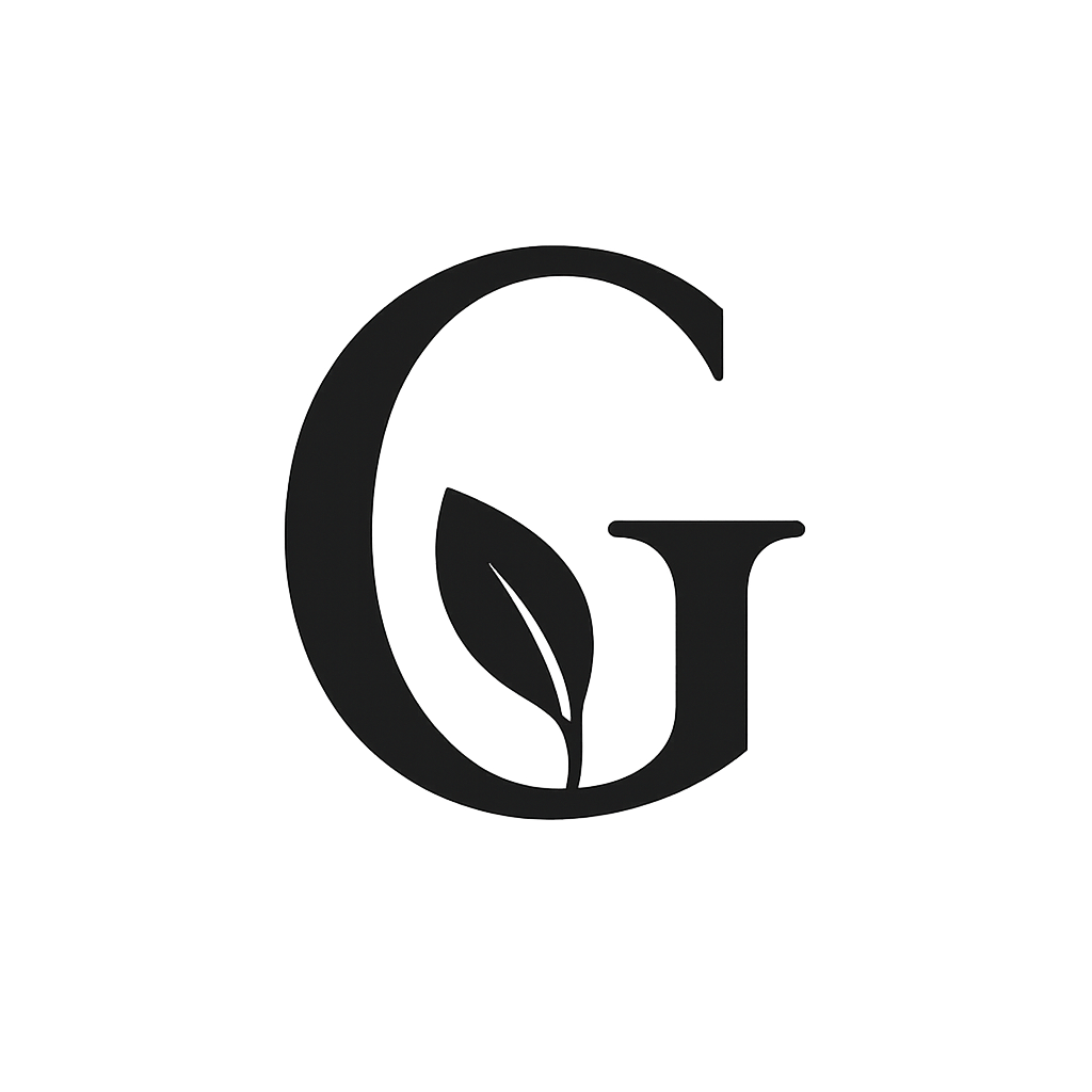 Logo med en stor svart bokstav G og en bladform inni, skapt i minimalistisk stil.