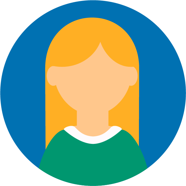 Illustration of a faceless female avatar with long blond hair and wearing a green top, set against a blue circular background.