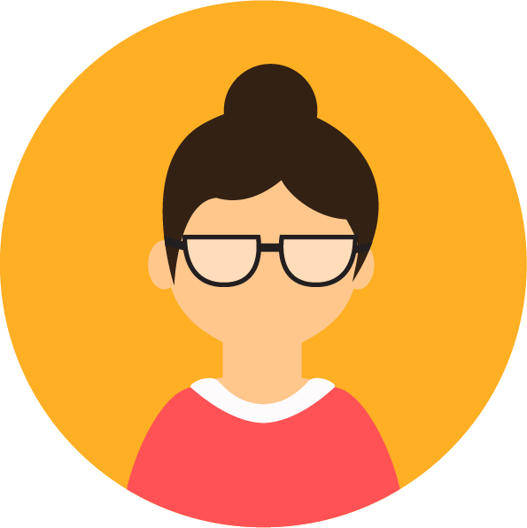 Illustration of a person with glasses and a bun hairstyle wearing a red shirt in a yellow circle background.