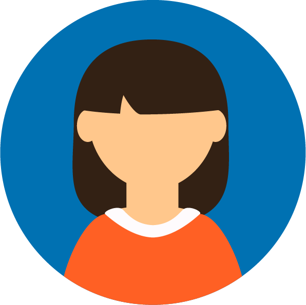 Illustration of a person with shoulder-length dark hair, wearing an orange top, on a blue circular background.