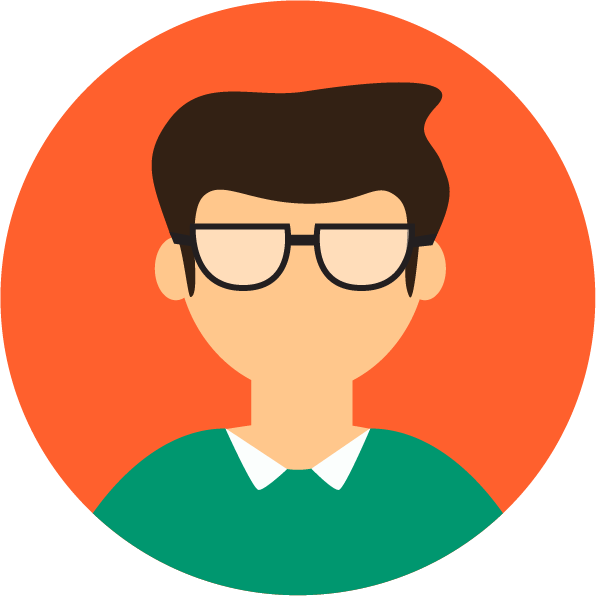 Illustration of a person with glasses and dark hair on an orange background.