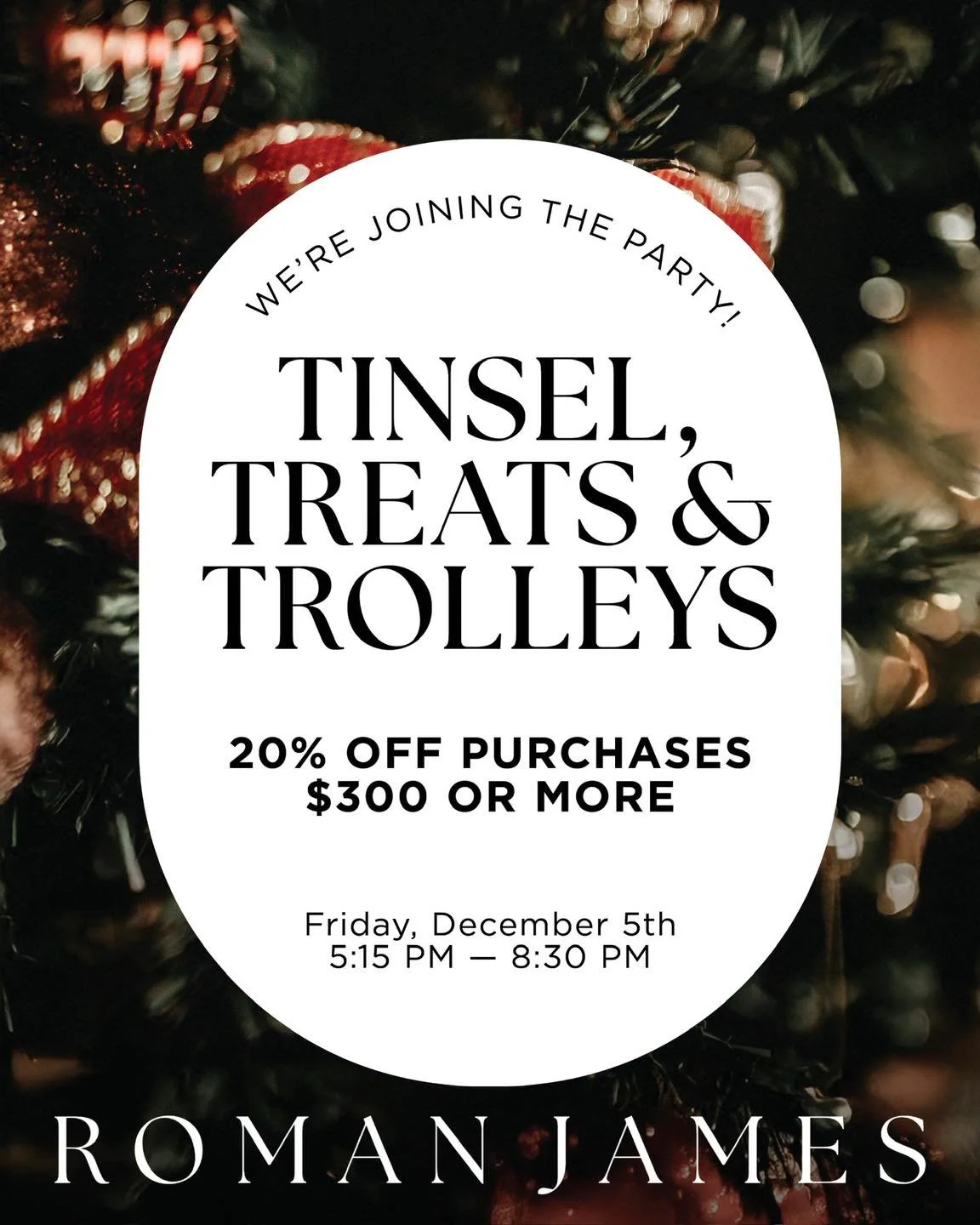 Tinsel, treats, trolleys&hellip; and a little holiday savings. 🎄
Join us Friday, Dec. 5th from 5:15&ndash;8:30 PM for 20% off all $300+ purchases. A perfect night to find your new winter favorites.

#mensfashion #romanjames #AdaMichigan #discoverada