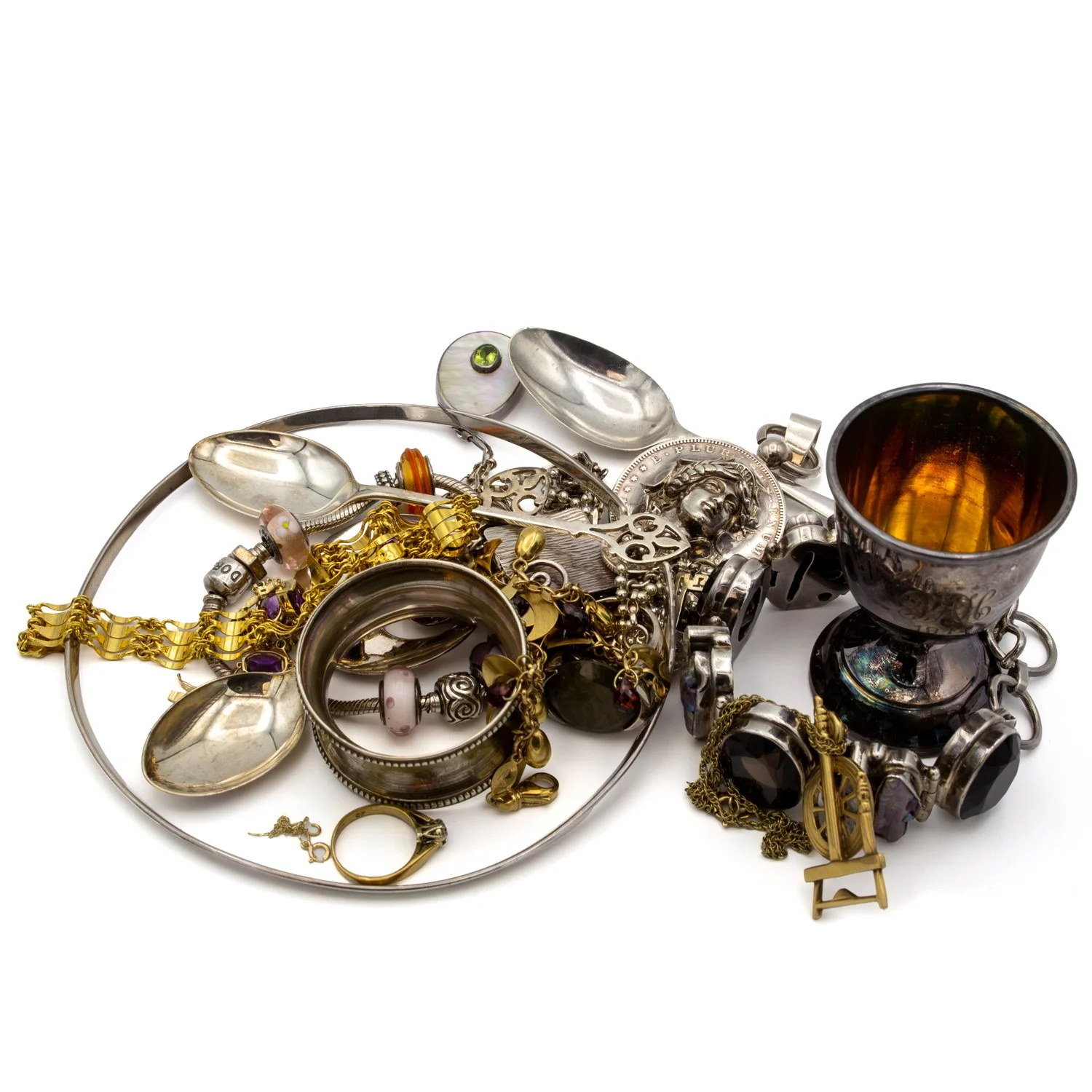 We buy silver and gold scrap jewellery, including rings, bracelets, chains, earrings, spoons, and cups.
