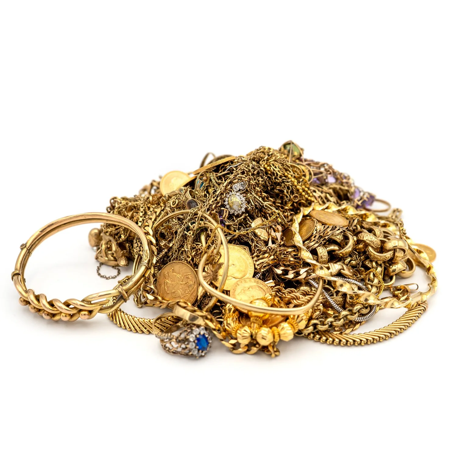 Sell your scrap, tangled gold jewellery including chains, bracelets, rings, and coins.