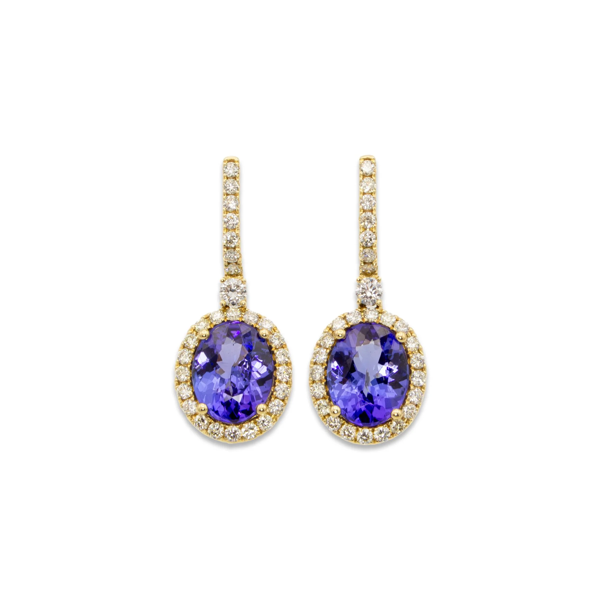 Yellow Gold Oval Tanzanite and Diamond Halo Drop Earrings.jpg