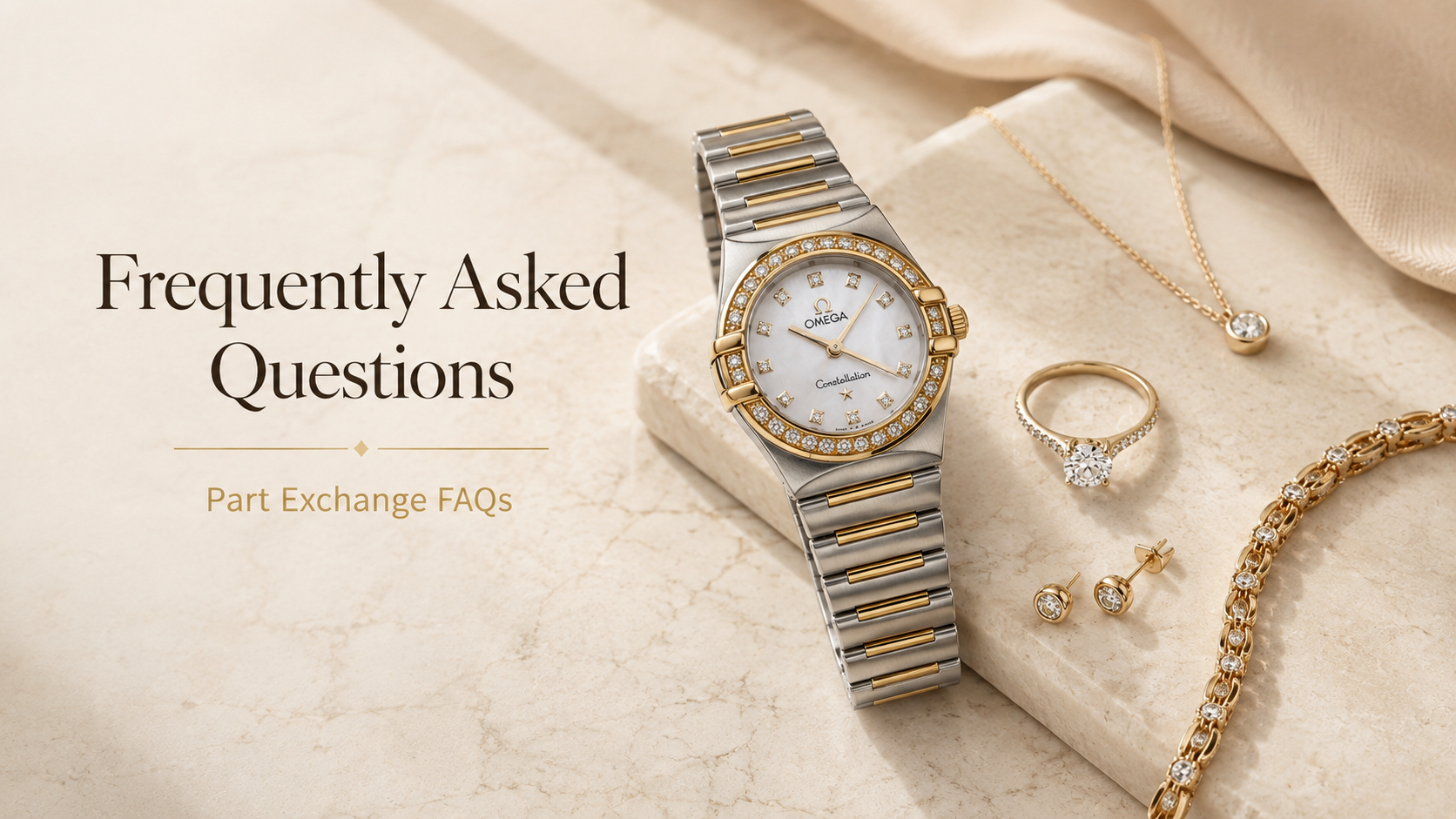 A collection of jewelry, including a silver and gold Omega Constellation watch with a diamond-studded bezel, a matching diamond ring, a pair of diamond stud earrings, a gold bracelet with diamonds, and a delicate gold necklace with a diamond pendant, arranged on a beige marble surface.