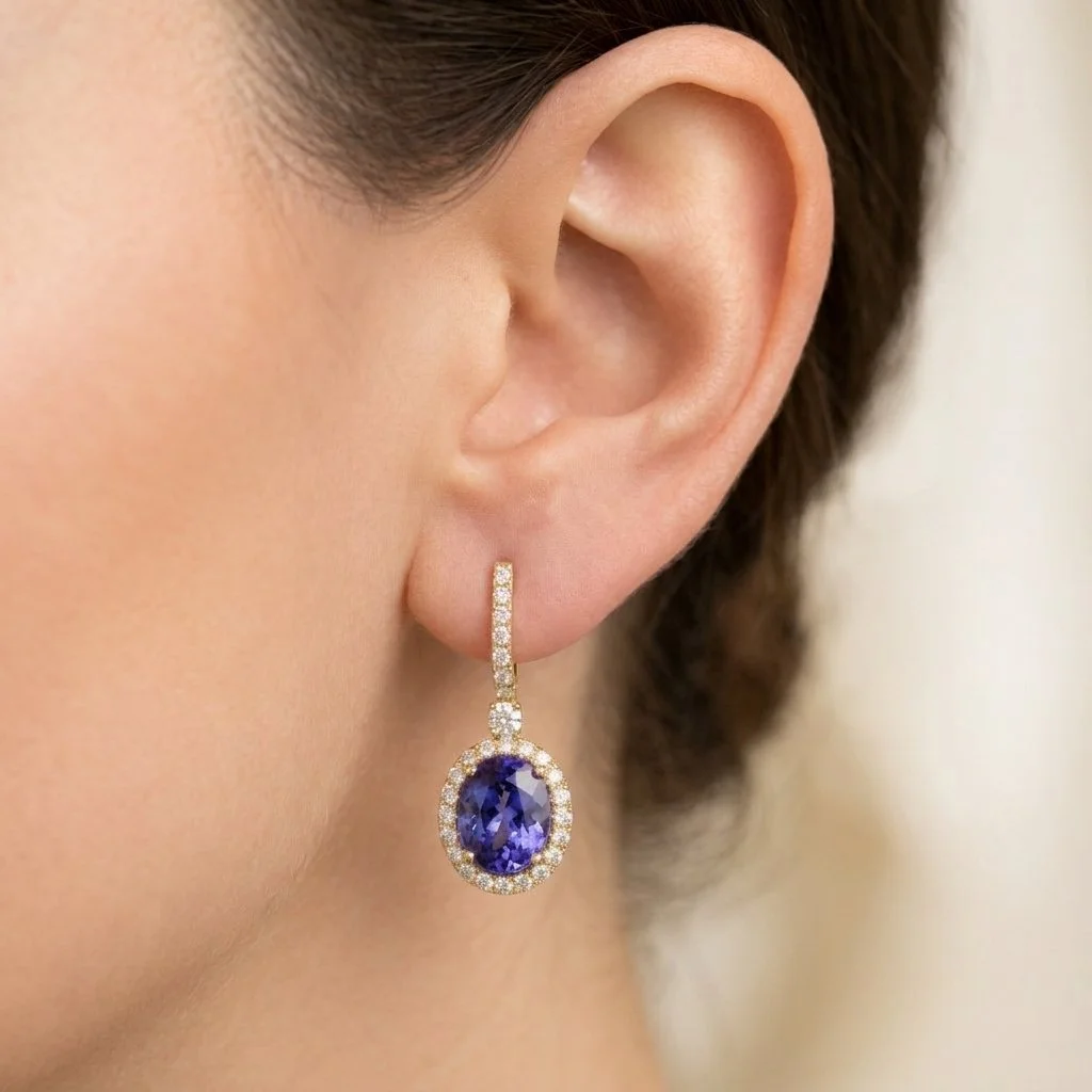 14K Yellow Gold Oval Tanzanite and Diamond Halo Drop Earrings.jpeg