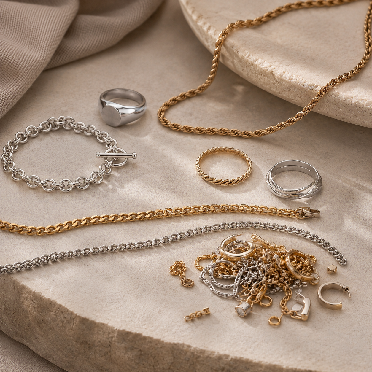 Various gold and silver jewelry pieces, including necklaces, rings, bracelets, and earrings, arranged on a beige textured surface with a cloth and stone display in the background.
