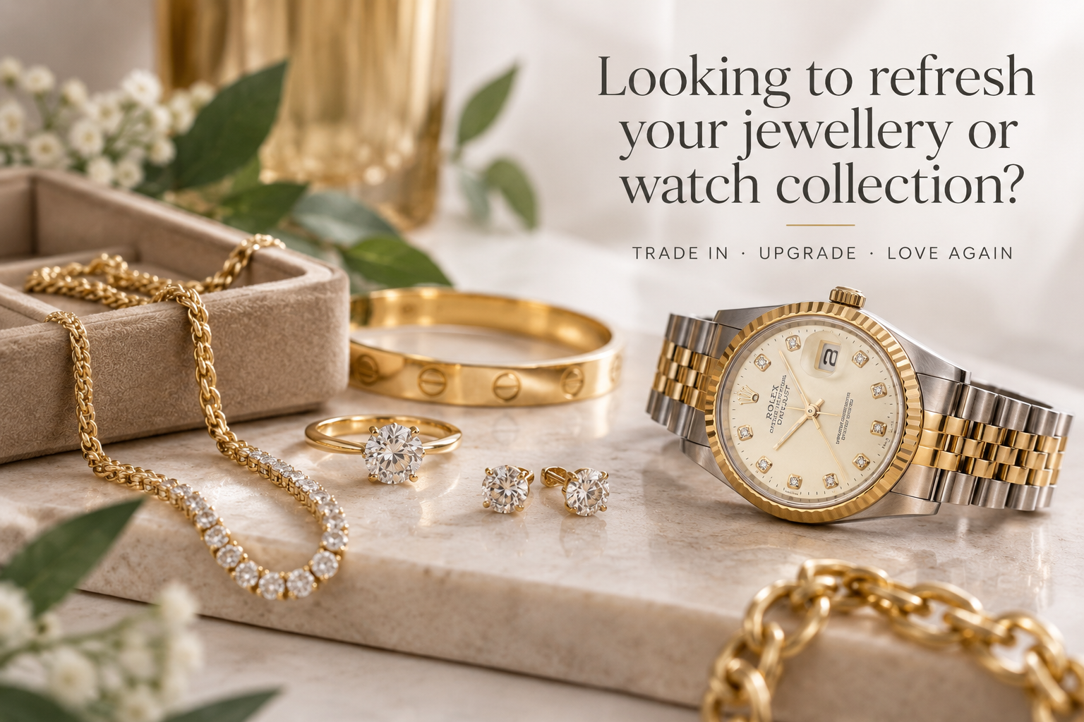 A collection of gold and silver jewelry, including a watch, rings, necklaces, and bracelets, displayed on a marble surface with greenery and flowers in the background.