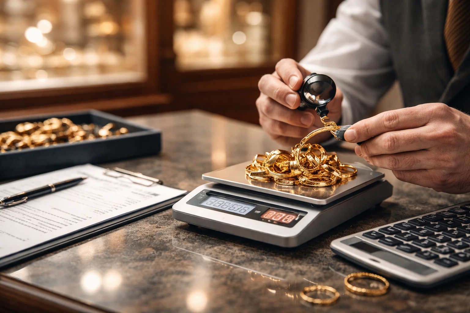 Person weighing gold jewellery on a digital scale in a jewellery store, with a display case and documentation on the counter.