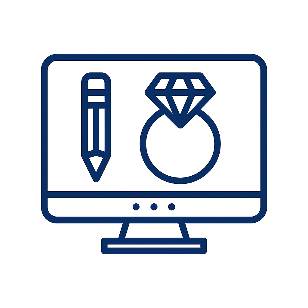 Computer monitor displaying a pencil and a diamond ring, indicating jewelry design or digital jewelry creation.