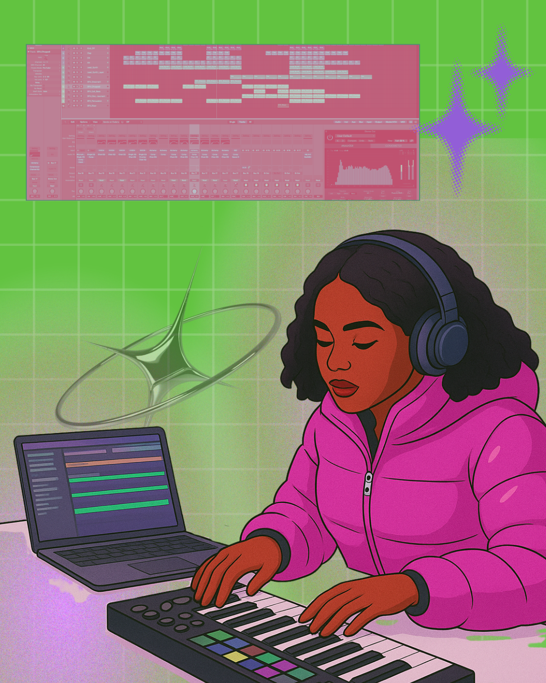 Illustration of a woman with dark curly hair, wearing headphones and a pink jacket, working with music production equipment including a keyboard, a laptop, and a digital audio workstation on the wall, with glowing star shapes and a futuristic design in the background.