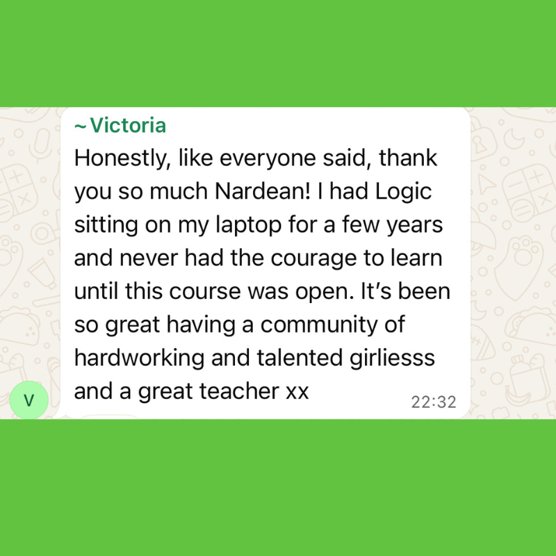A WhatsApp chat screenshot with a message from Victoria expressing gratitude to Nardean, mentioning sitting on her laptop for years, and appreciating the course, community, and teacher.