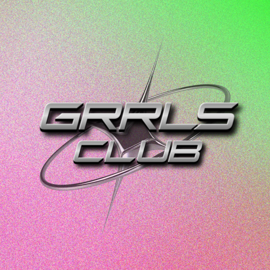 Logo with the text 'GIRLS CLUB' in metallic font, with a stylized orbit and star design, on a multicolored background.