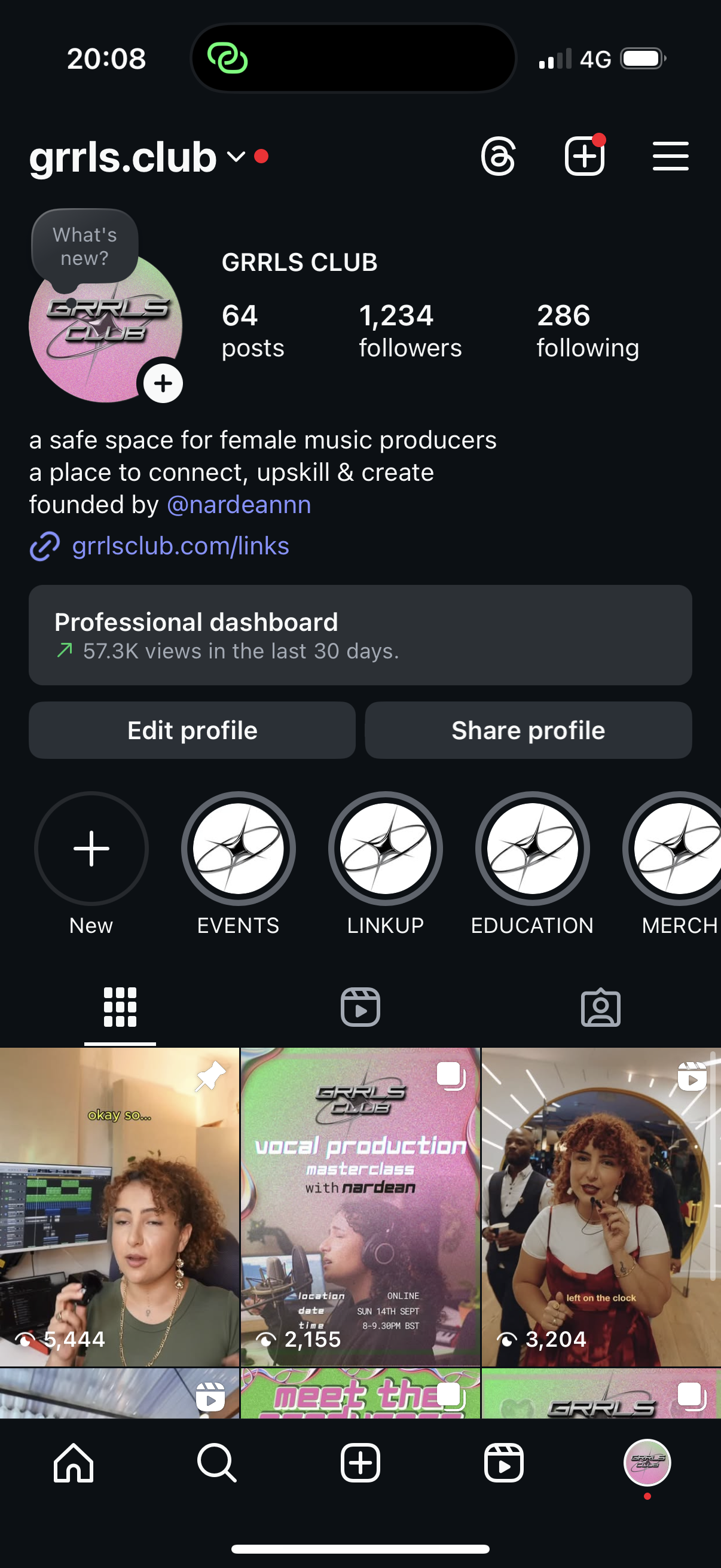 Instagram profile page for GRRLS CLUB, a community for female music producers, featuring profile info, highlights, and recent videos of women in music production.