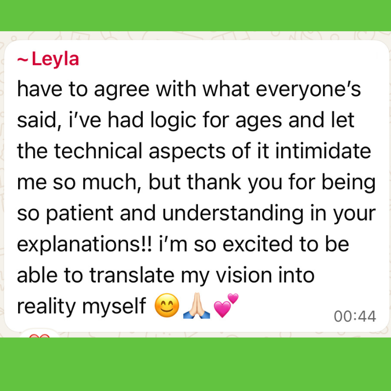 Screenshot of a chat message from someone named Leyla expressing gratitude and excitement about understanding and translating a technical vision into reality, with emojis of a smiling face, praying hands, and hearts.