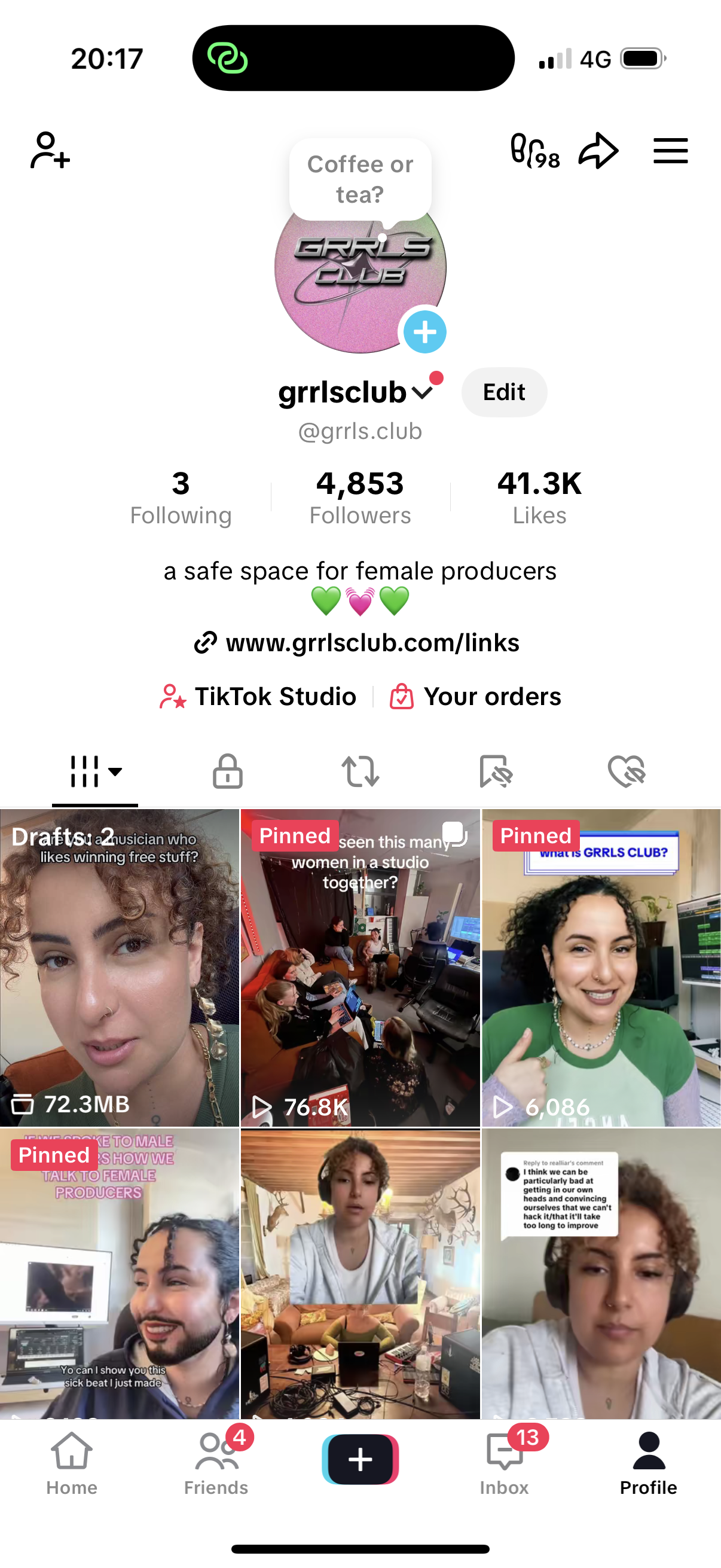 Screenshot of a TikTok profile called 'grrlsclub' with the tagline 'a safe space for female producers'. The profile picture has a pink background with the text 'GRL'S CLUB'. The bio asks, 'Coffee or tea?'. The profile shows a majority of videos featuring women producing music or discussing related topics.