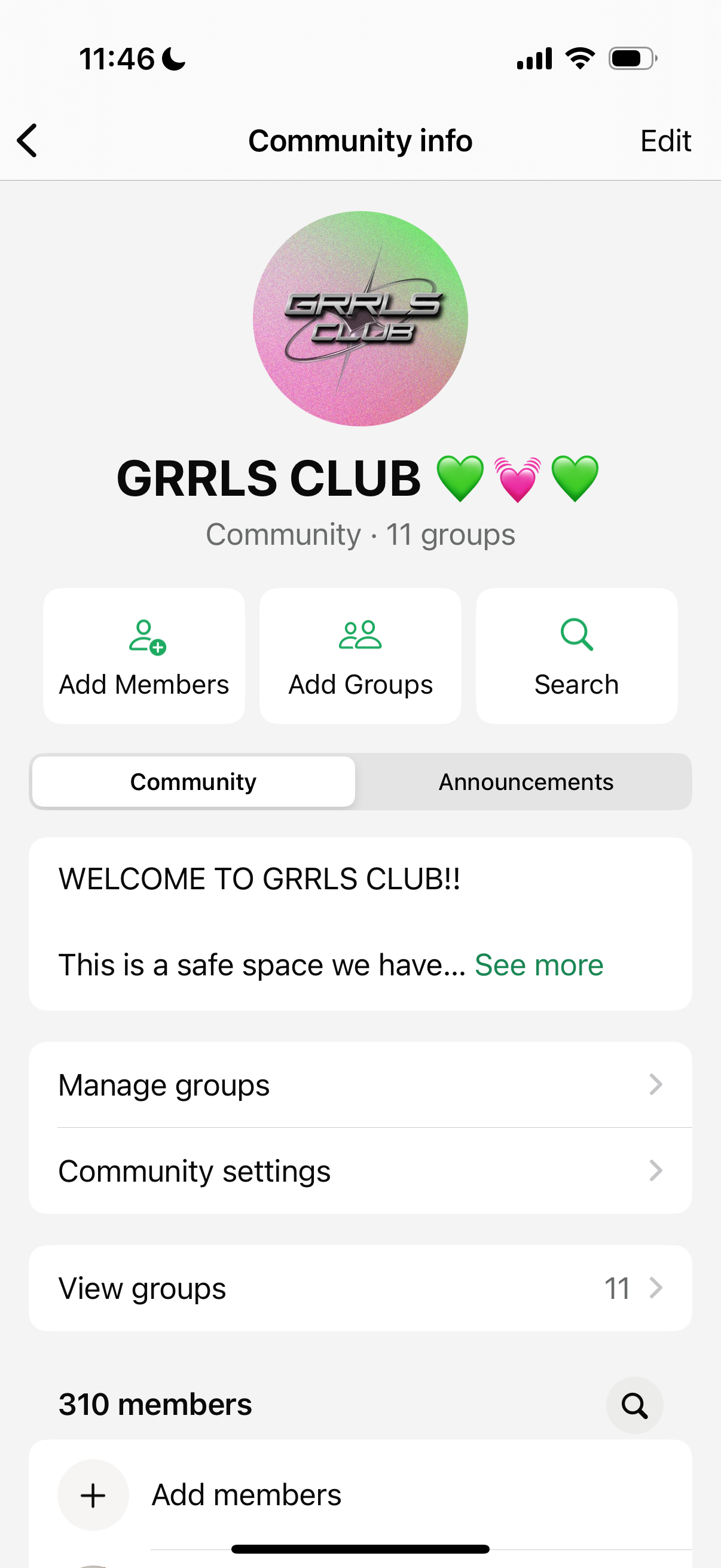 Screenshot of a mobile app community page named 'GRRLS CLUB' with a logo featuring pink, green, and gray colors and text, showing options to add members, add groups, search, and view communities.
