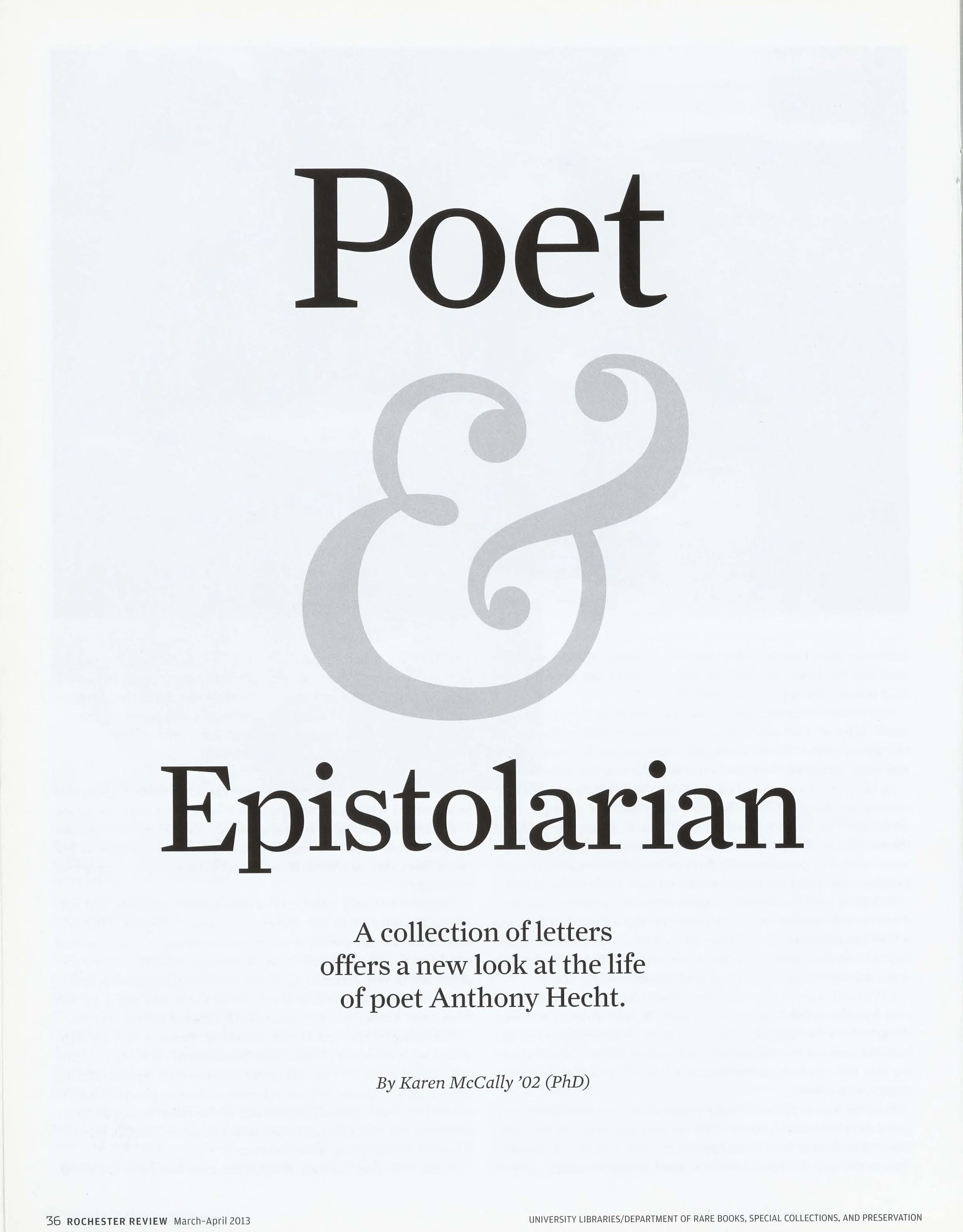 Book cover titled 'Poet & Epistolarian', with a subtitle about a collection of letters on poet Anthony Hecht's life.