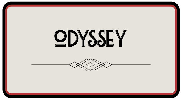 A logo with the word 'ODYSSEY' in stylized black text on a light gray background, framed with a black and red border.