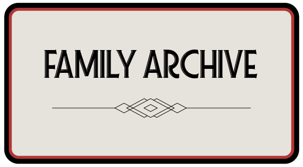 Design of a label or sign that reads 'Family Archive' in black text on a light background with a red border.