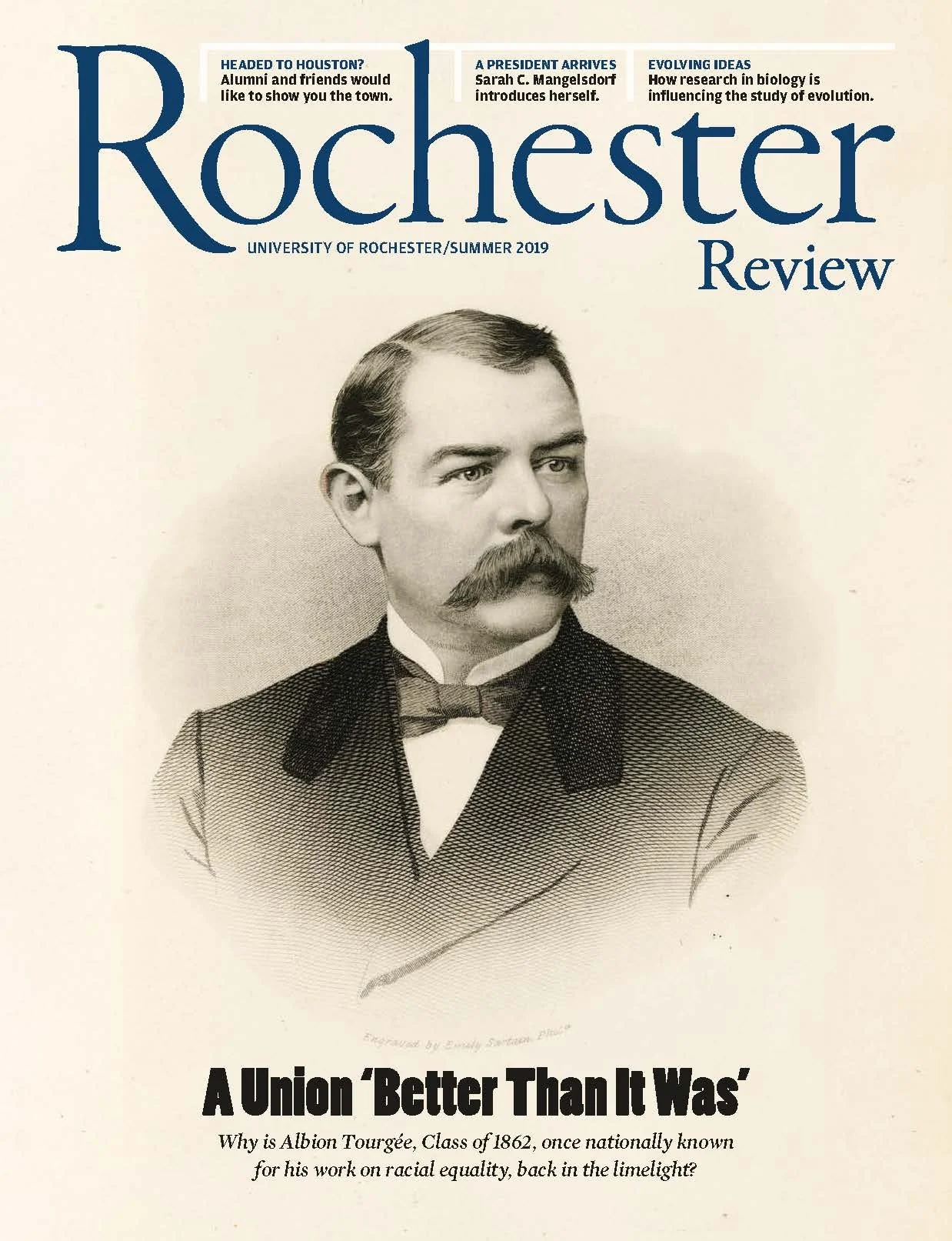 Cover of the Rochester Review magazine featuring a historical illustration of Albion Tourgée with the headline 'A Union ‘Better Than It Was’' and a subtitle about his work on racial equality in 1862.