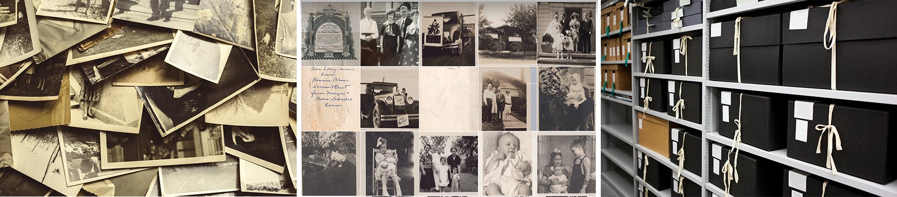 Three photos aligned horizontally, showing vintage photos spread out on a surface; a screenshot of a digital photo archive; and shelves of archival boxes.