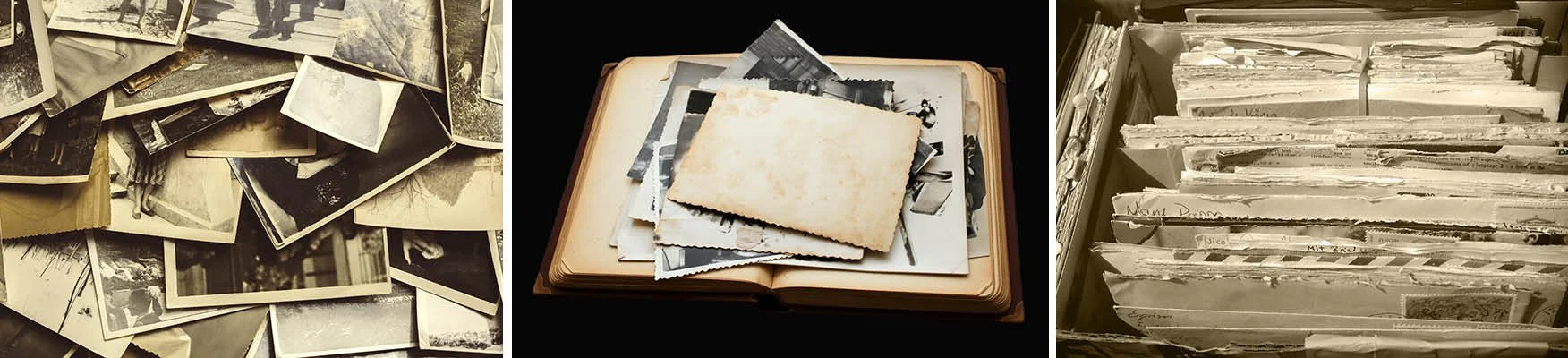 Three horizontally aligned images of old photos that are scattered or stuffed in boxes.