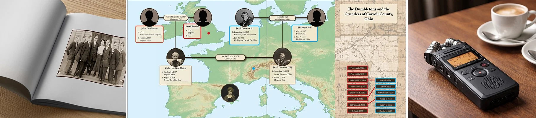 A scrapbook open to a black-and-white family photo and a family tree tracing the Dumbarton and Grunder families from Ohio across Europe, alongside a recording device, coffee cup, and saucers on a wooden table.