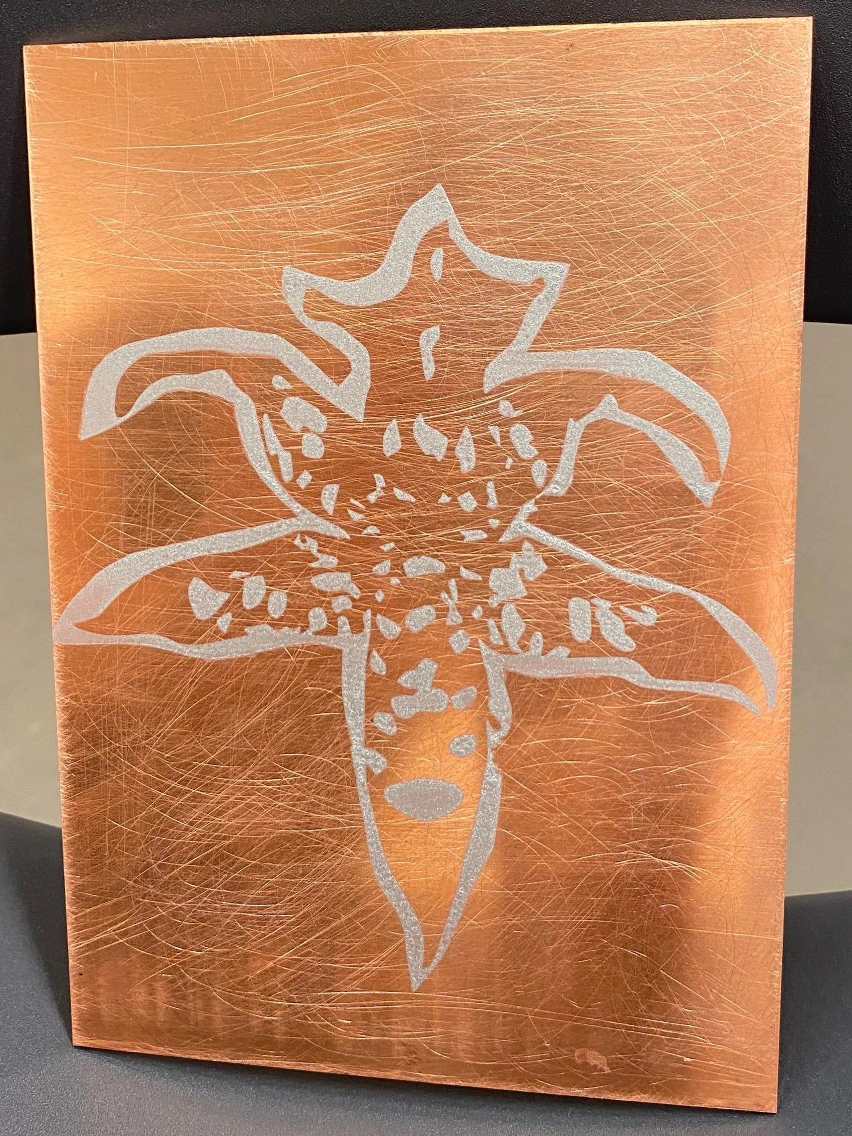 Screen print on copper plate, sanded for texture. 10 x 8 cm. 