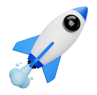 Computer animated spaceship with blue fins and a large black eye, emitting a small puff of smoke.