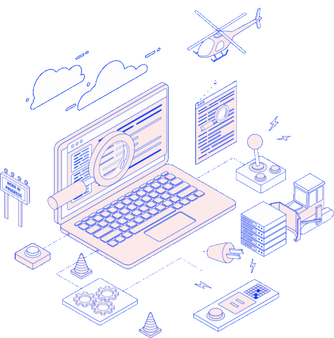 Illustration of technology and computer accessories, including a laptop with magnifying glass, robotic arm, server racks, gaming joystick, remote control, and clouds in the background, all in shades of blue.