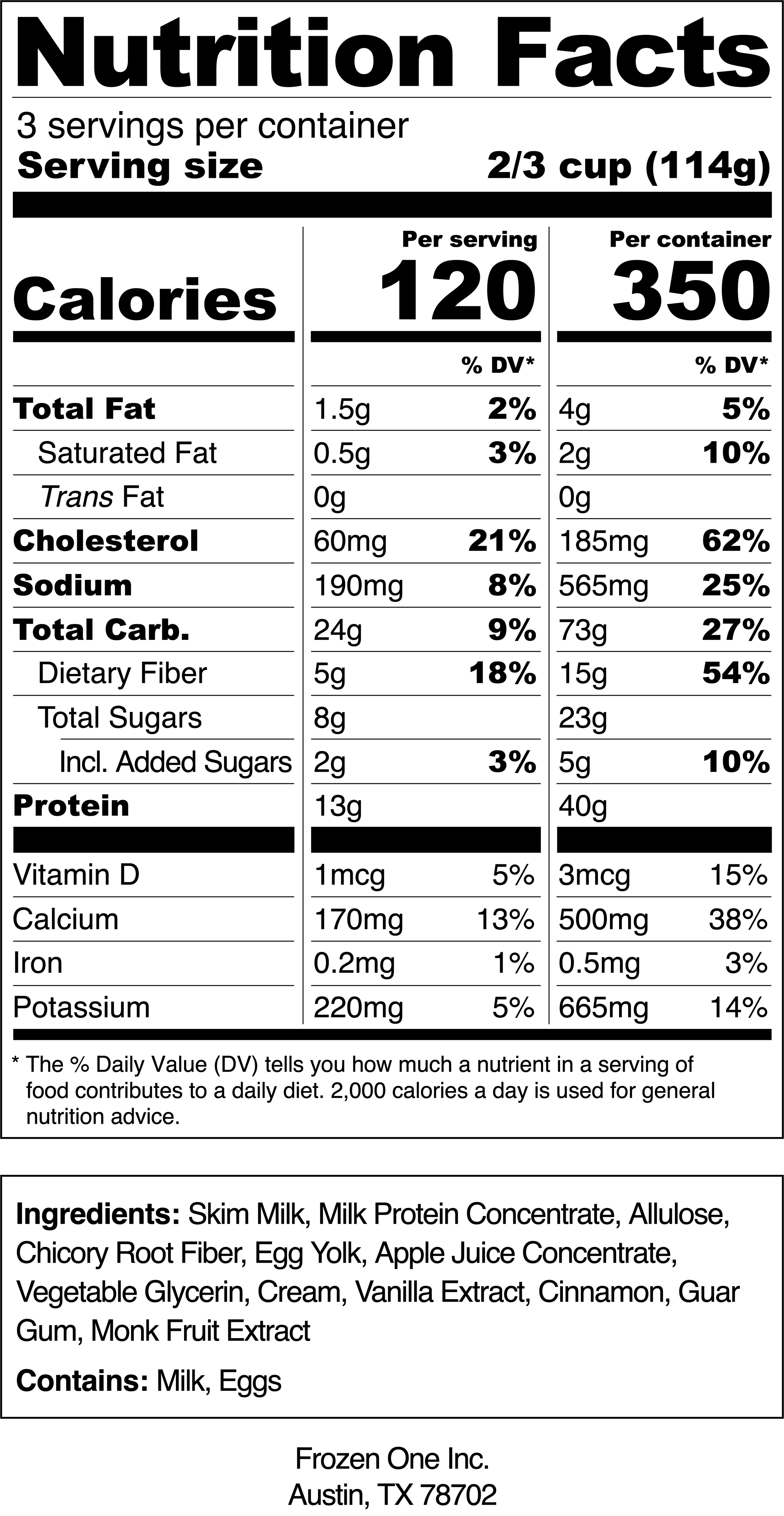 Nutritional facts label for a food product indicating three servings per container, with a serving size of 2/3 cup (114g). It provides details on calories, total fat, saturated fat, trans fat, cholesterol, sodium, total carbohydrates, dietary fiber, total sugars, added sugars, protein, vitamin D, calcium, iron, and potassium contents per serving and per container.