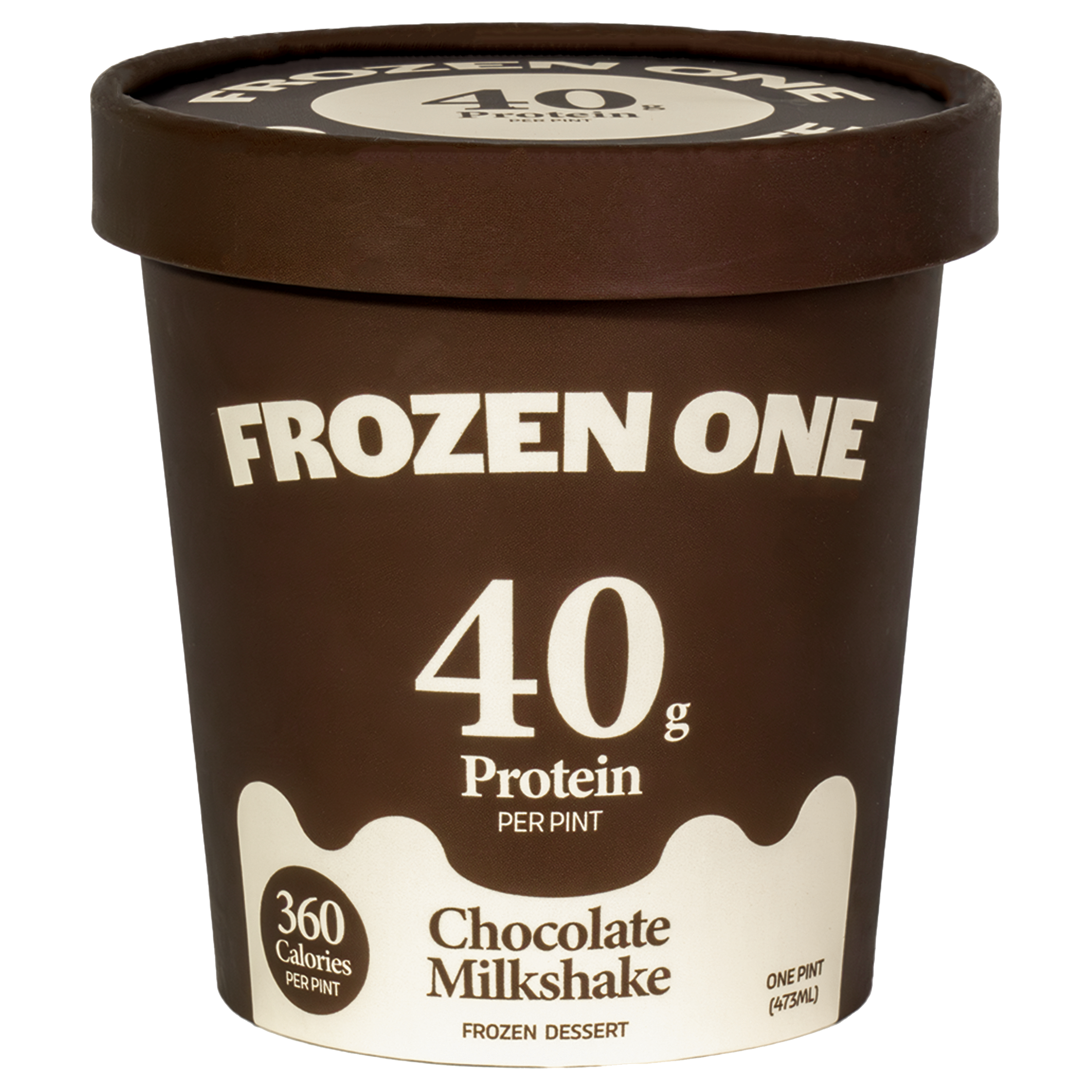 Frozen One chocolate frozen dessert pint container, labeled with 40g protein and 390 calories per pint.
