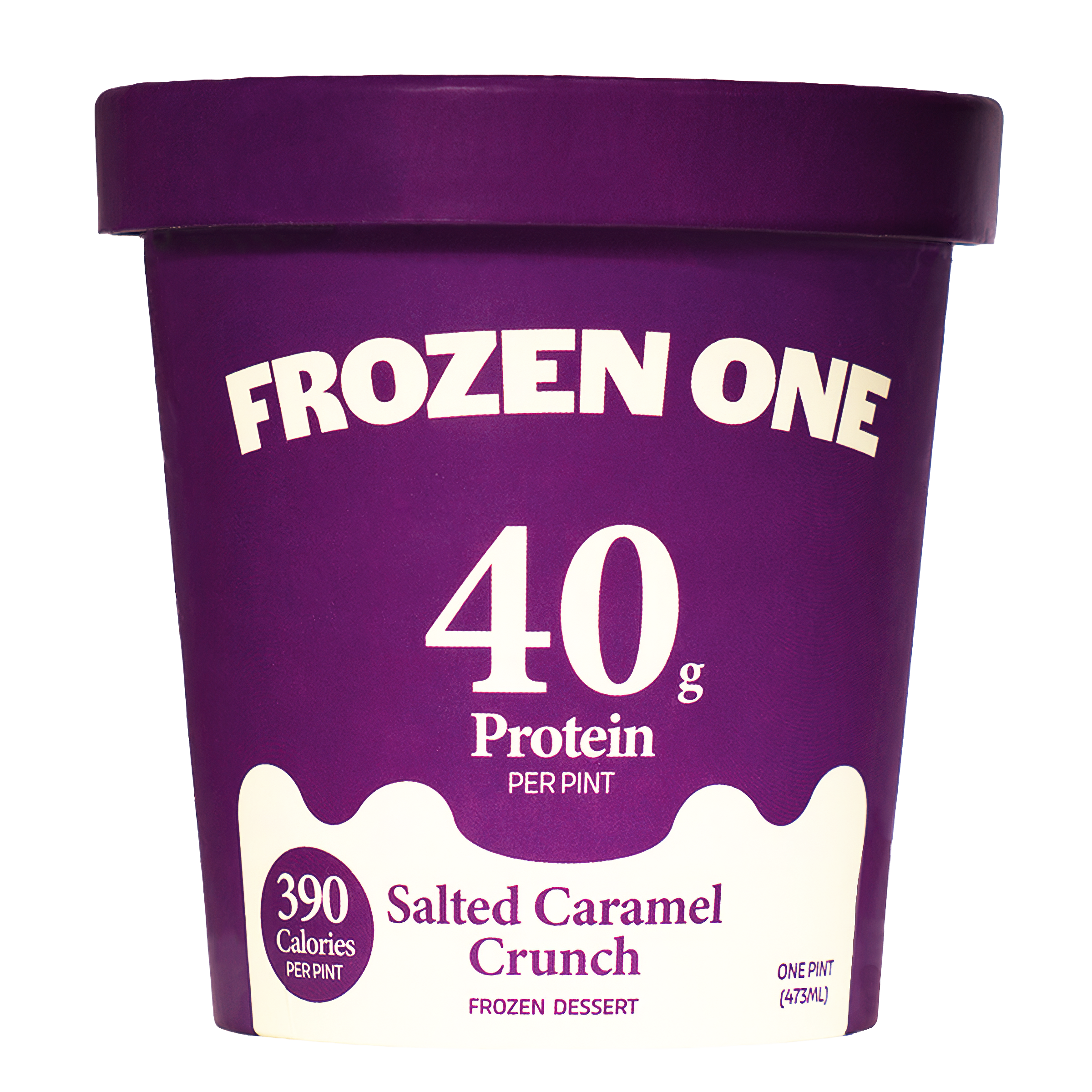 Purple container of frozen dessert with white polka dots and label indicating salted caramel crunch flavor, 390 calories per pint.