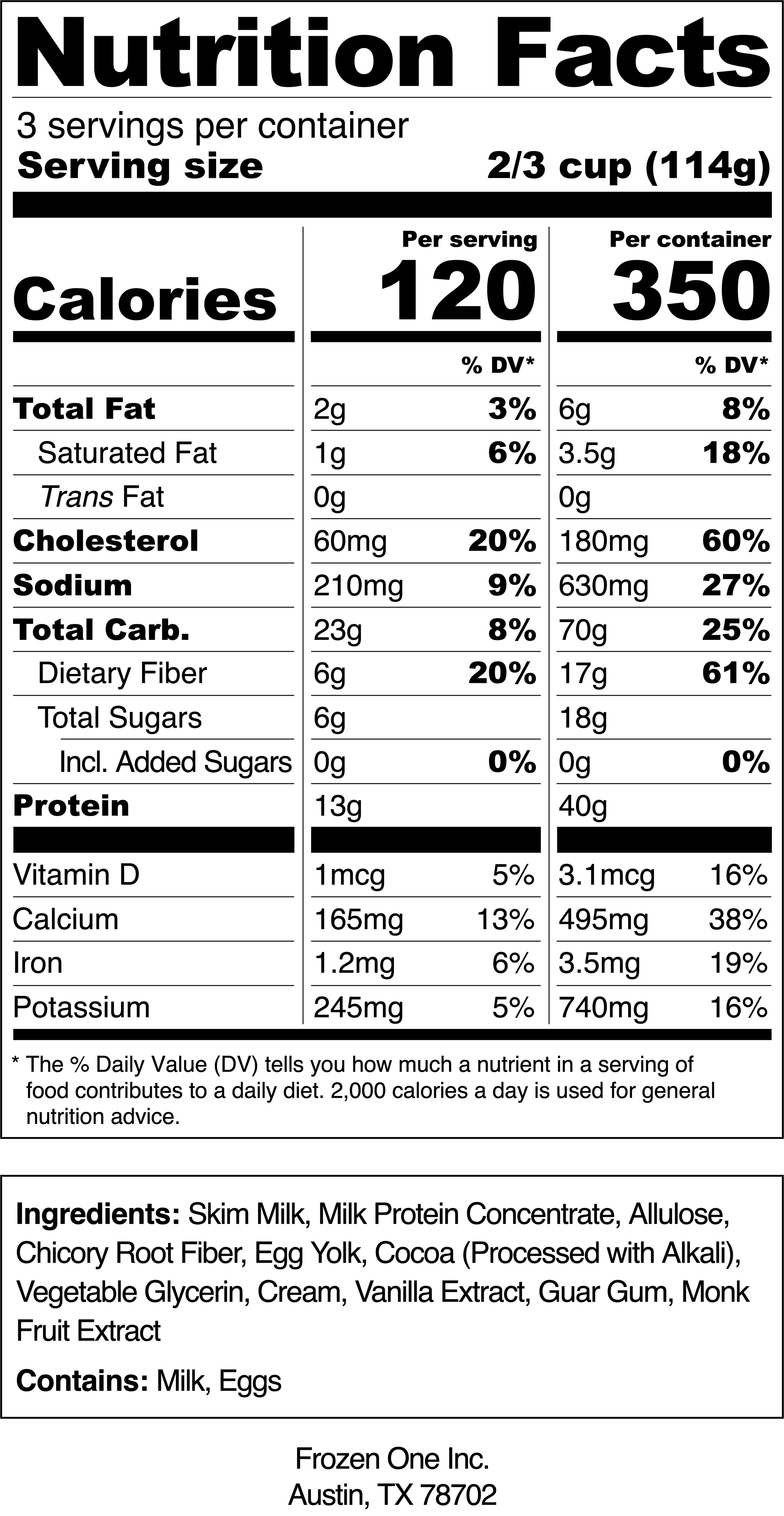 Nutrition facts label showing serving size, calories, fats, cholesterol, sodium, carbs, fiber, sugars, protein, vitamin D, calcium, iron, potassium, ingredients, and allergens milk and eggs.
