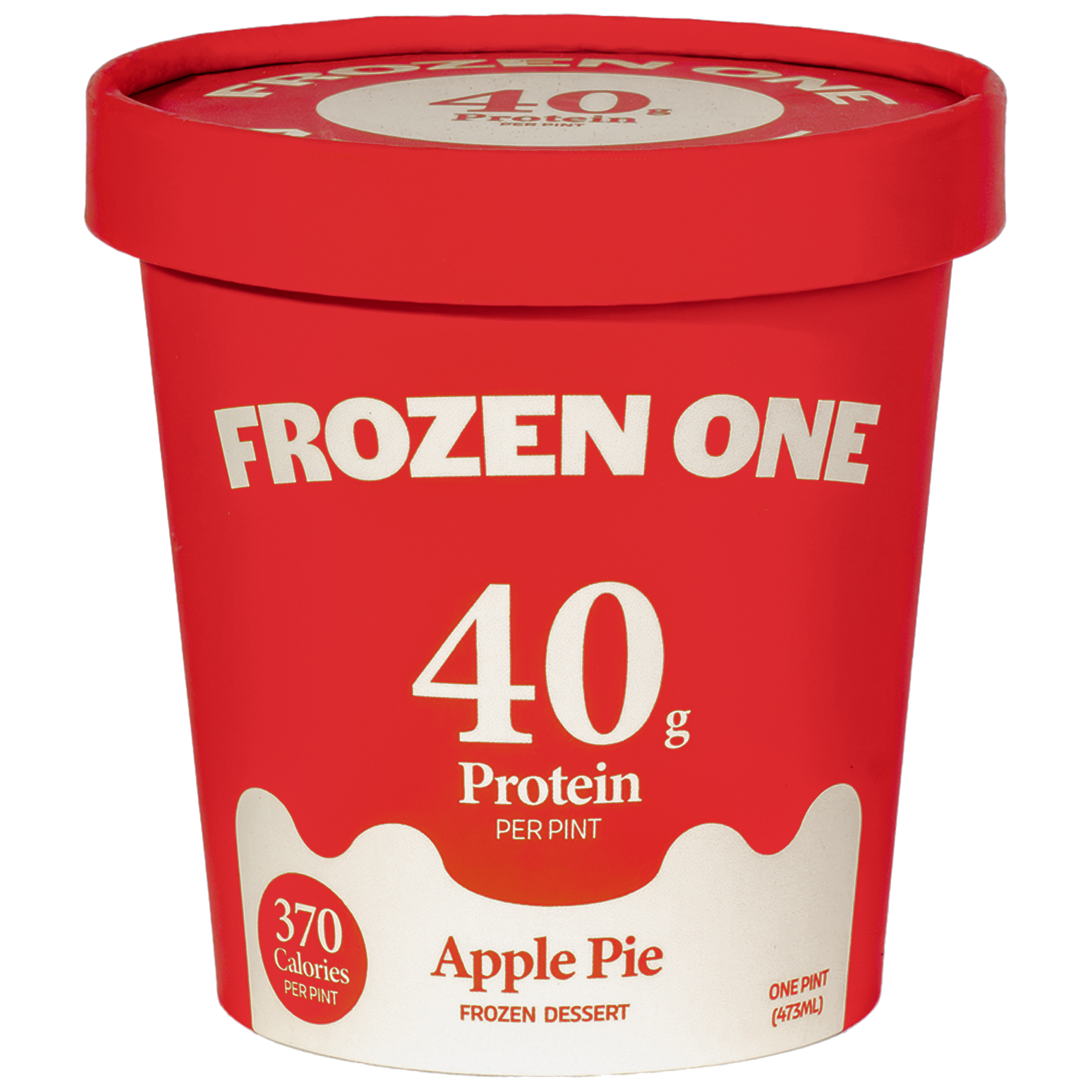 Red container of "Frozen One" protein frozen dessert, apple pie flavor, 40g protein per pint, 400 calories per pint.