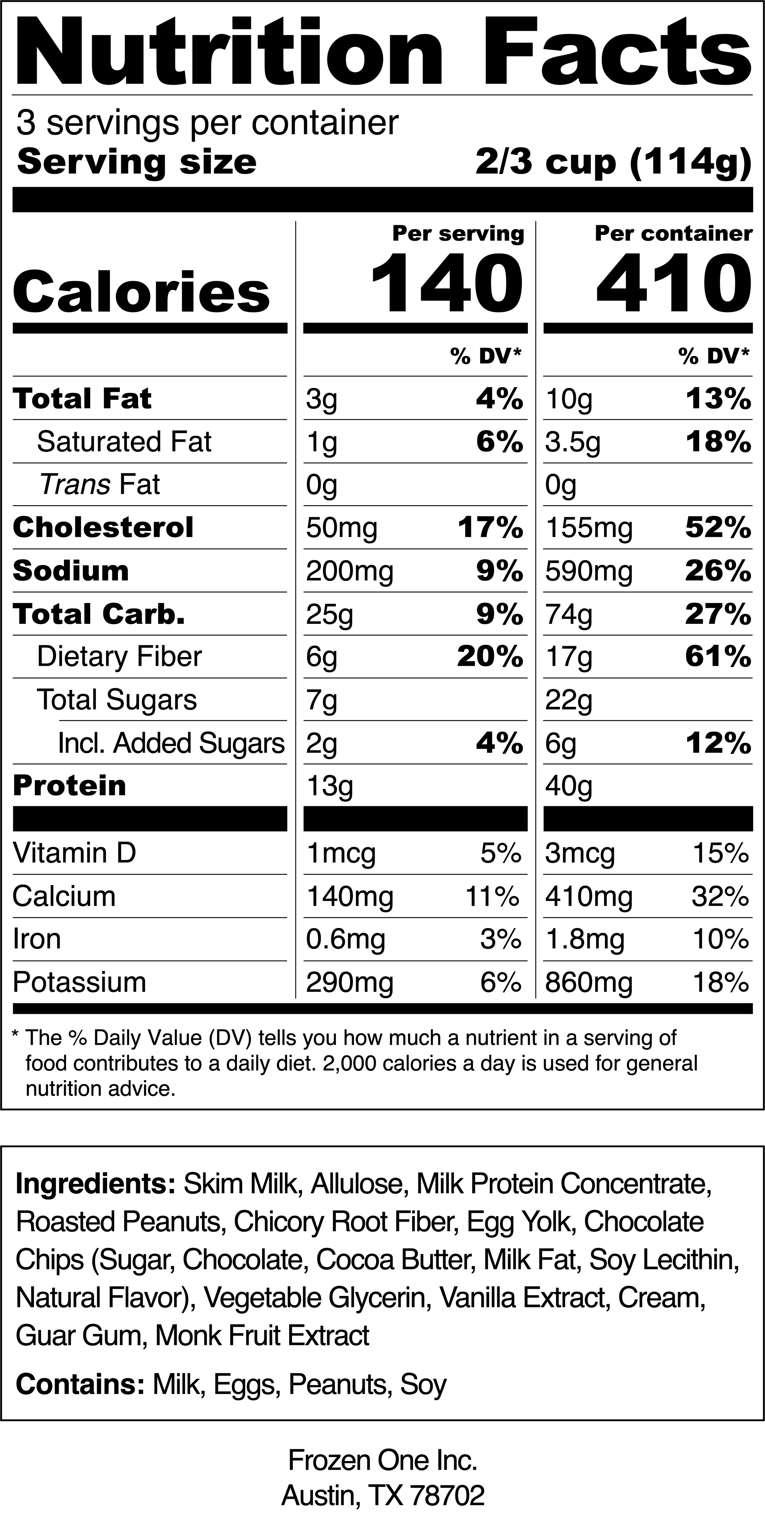 Nutrition Facts label for a food product, showing serving size, calories, fats, cholesterol, sodium, carbohydrates, fiber, sugars, protein, vitamins, minerals, ingredients, and allergens.