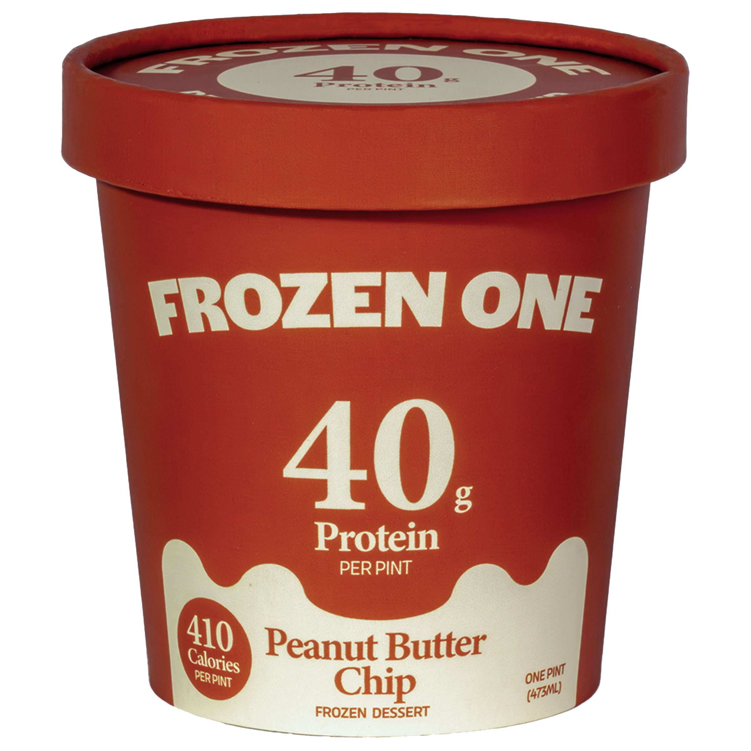 Orange ice cream pint labeled "Frozen One," featuring 40g protein per pint, 430 calories, peanut butter chip flavor, front view.