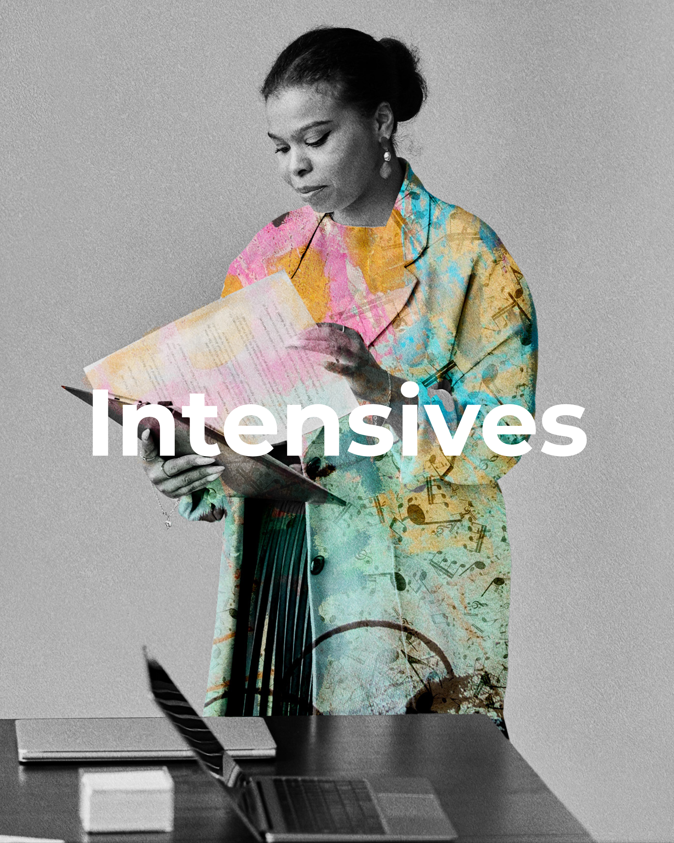 A woman in colorful clothes reading a document, with the word 'Intensives' overlaid.