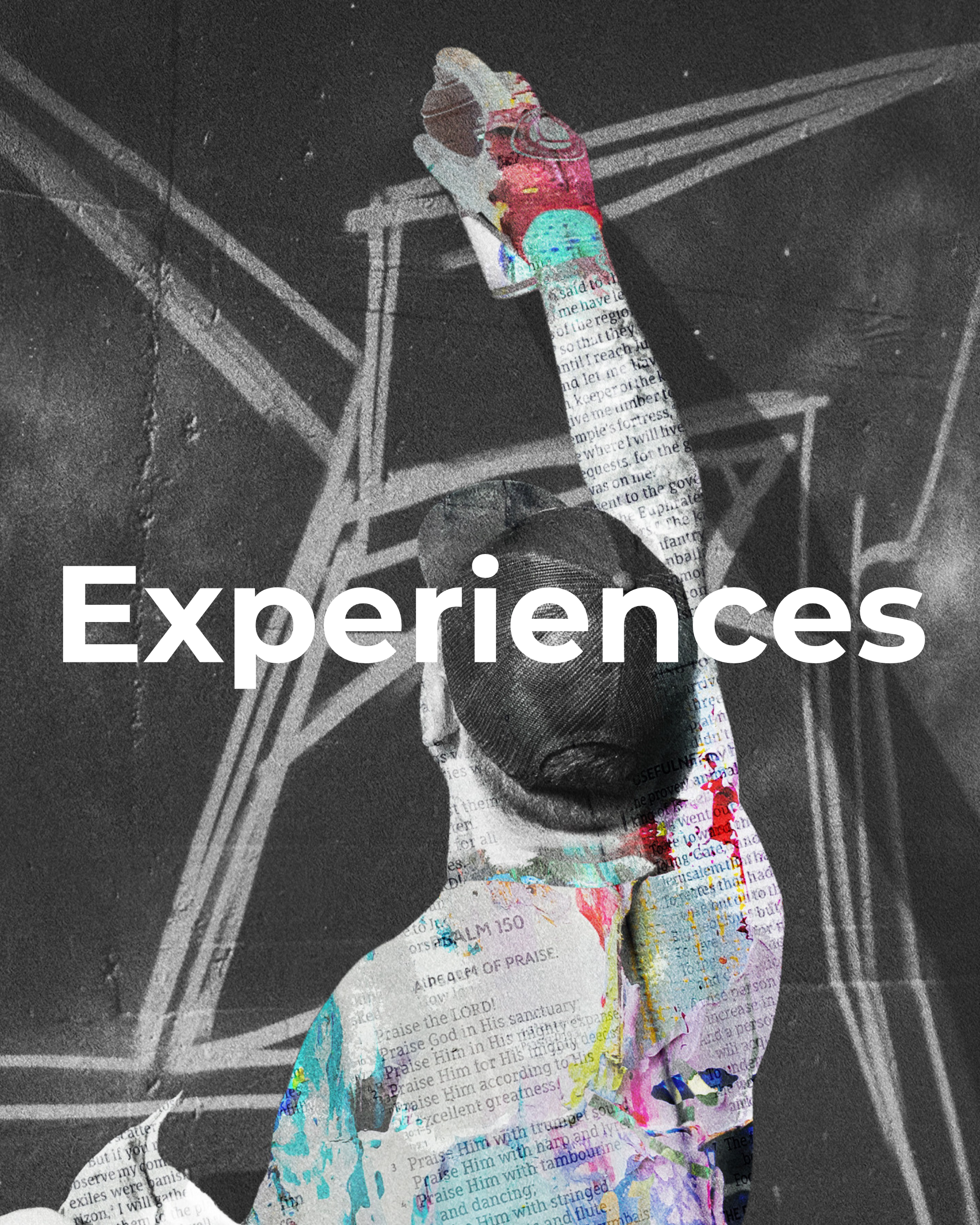 Artistic collage of a person holding a spray paint can, with layered textures, text, and colorful paint splatters, over a geometric background.