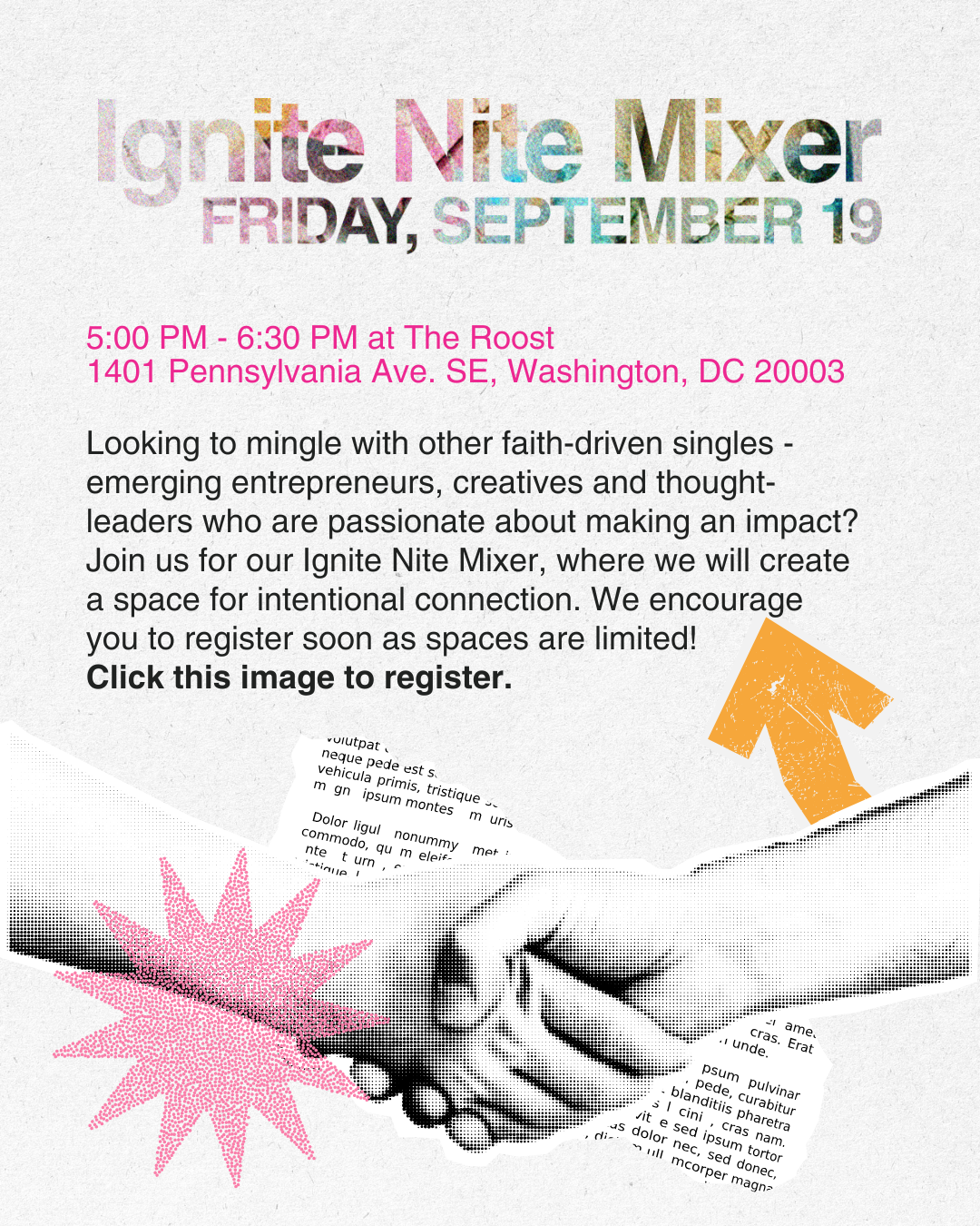 Flyer for Ignite Nite Mixer event on September 19 at The Roost, featuring a handshake graphic with pink and orange accents and text about the event.