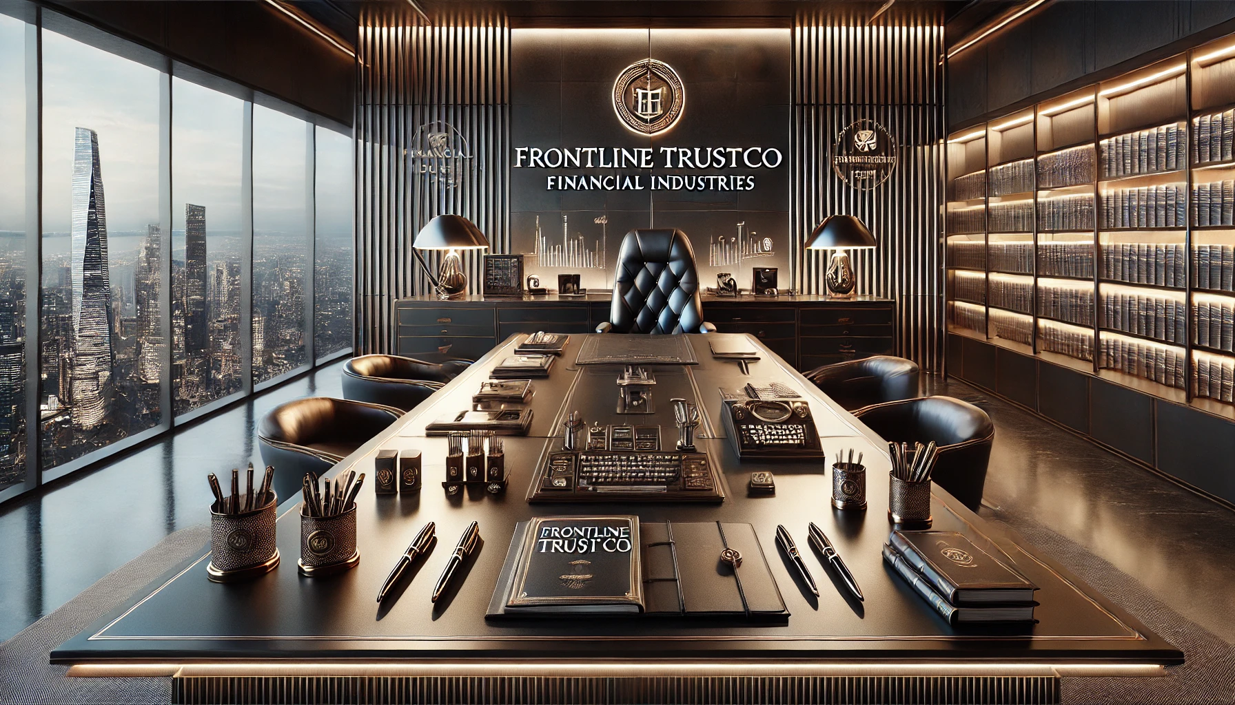 Modern penthouse office with a large black desk, black leather chair, side chairs, and large windows showing a city skyline. The wall behind the desk has "Frontline Trustco Financial Industries" signage with illuminated logos and a bookshelf with numerous books.