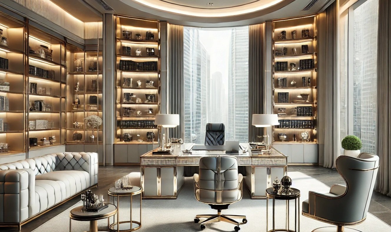Luxury office with a large window overlooking city skyscrapers, gold-accented bookshelves, a modern white desk with lamps, and elegant seating including a white tufted sofa, an ornate high-back chair, and a swivel chair.